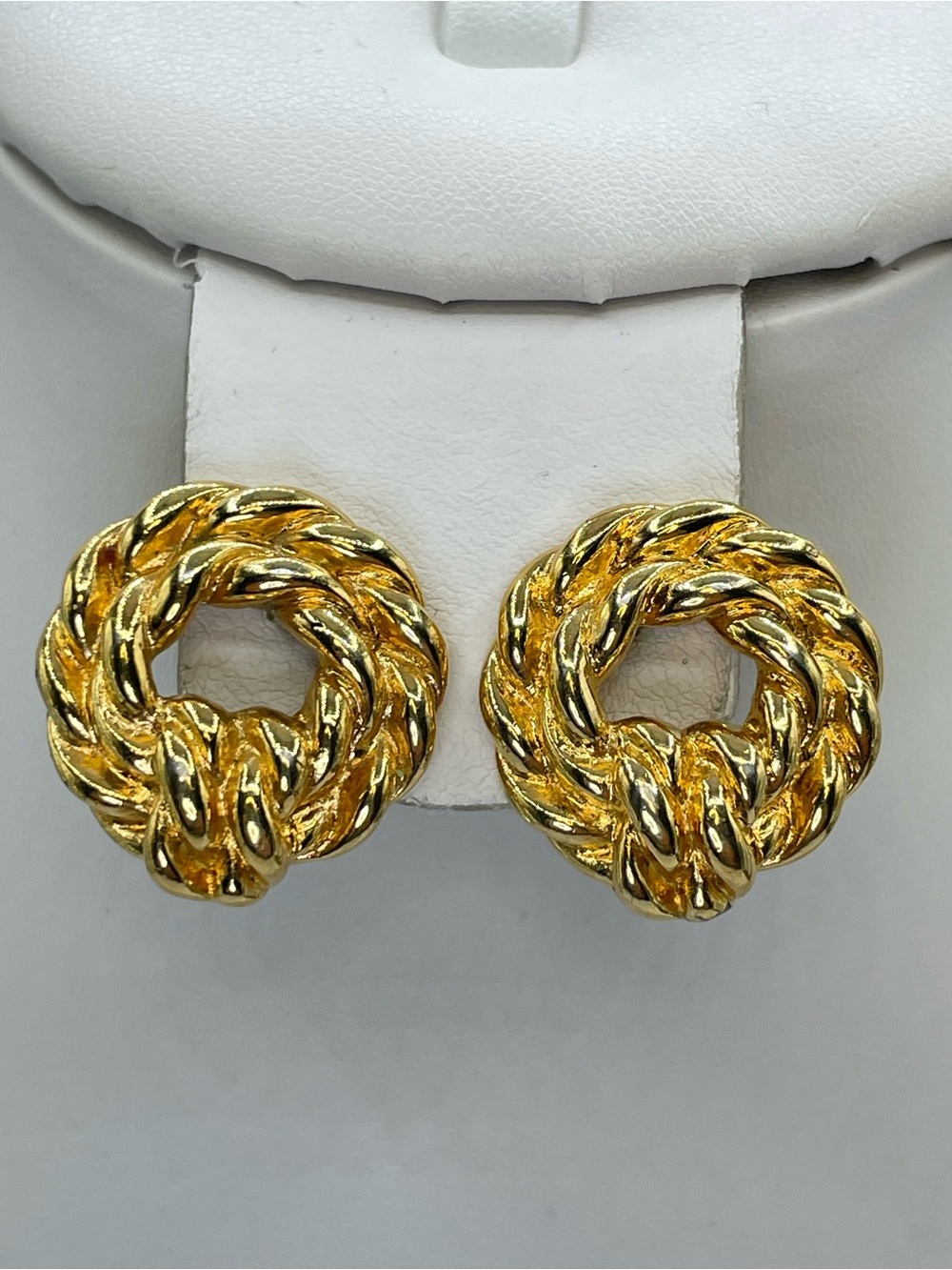 Vintage Monet Gold Tone Braided Rope Knot Round Clip On Statement Earrings